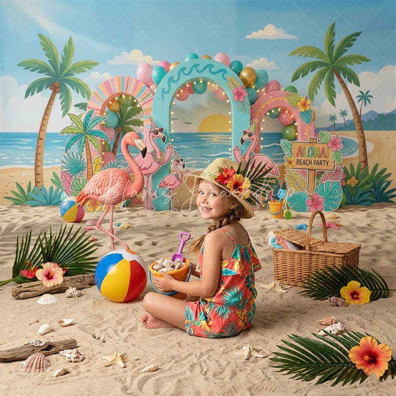 Lofaris Vibrant Pink Flamingo Tropical Beach Party Combo Set Backdrop with Palm Trees Aloha Sign for Summer Birthday Decor.
