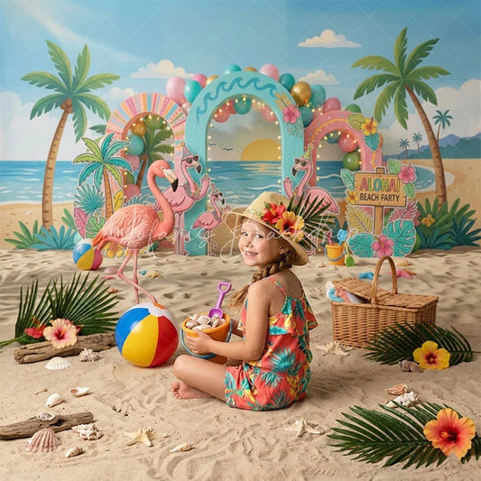 Lofaris Vibrant Pink Flamingo Tropical Beach Party Combo Set Backdrop with Palm Trees Aloha Sign for Summer Birthday Decor.