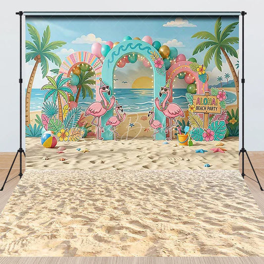 Lofaris Vibrant Pink Flamingo Tropical Beach Party Combo Set Backdrop with Palm Trees Aloha Sign for Summer Birthday Decor.