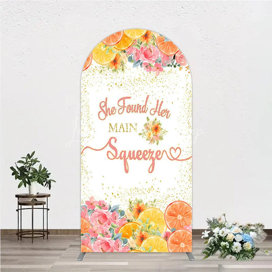 Lofaris Vibrant Pink Floral and Citrus She Found Her Main Squeezer Round Top Arch Backdrop Bridal Shower Engagement Party Decor