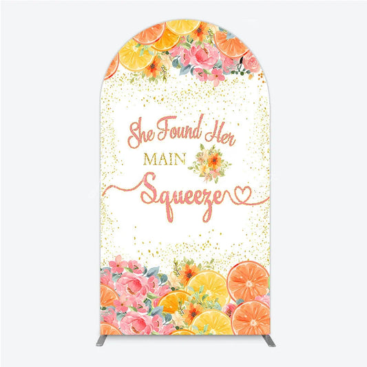 Lofaris Vibrant Pink Floral and Citrus She Found Her Main Squeezer Round Top Arch Backdrop Bridal Shower Engagement Party Decor