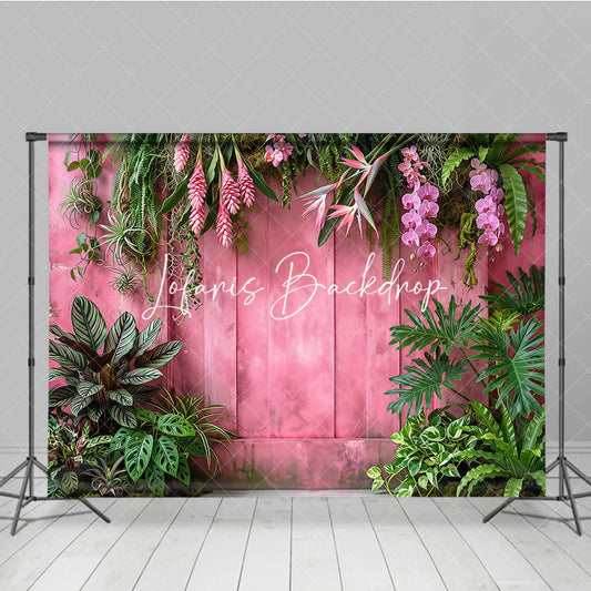 Lofaris Vibrant Pink Wooden Wall with Lush Tropical Foliage and Orchid Flowers Photography Backdrop Elegant Nature Theme