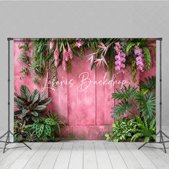 Lofaris Vibrant Pink Wooden Wall with Lush Tropical Foliage and Orchid Flowers Photography Backdrop Elegant Nature Theme