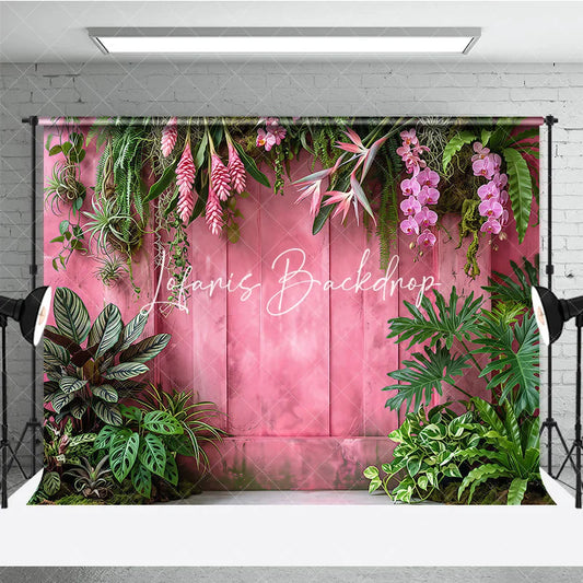 Lofaris Vibrant Pink Wooden Wall with Lush Tropical Foliage and Orchid Flowers Photography Backdrop Elegant Nature Theme