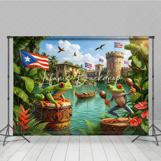 Lofaris Vibrant Puerto Rican Flag and Tree Frog Holiday Backdrop with Maracas Tropical Celebration Party Decor