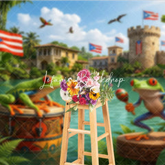 Lofaris Vibrant Puerto Rican Flag and Tree Frog Holiday Backdrop with Maracas Tropical Celebration Party Decor