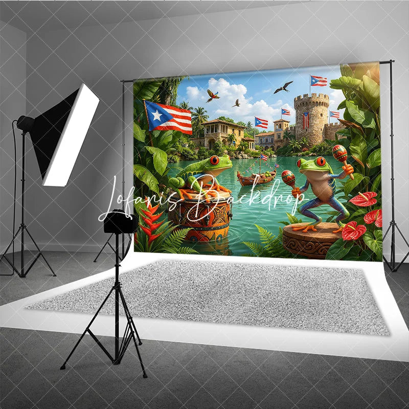 Lofaris Vibrant Puerto Rican Flag and Tree Frog Holiday Backdrop with Maracas Tropical Celebration Party Decor