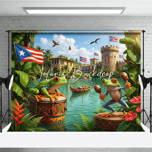 Lofaris Vibrant Puerto Rican Flag and Tree Frog Holiday Backdrop with Maracas Tropical Celebration Party Decor