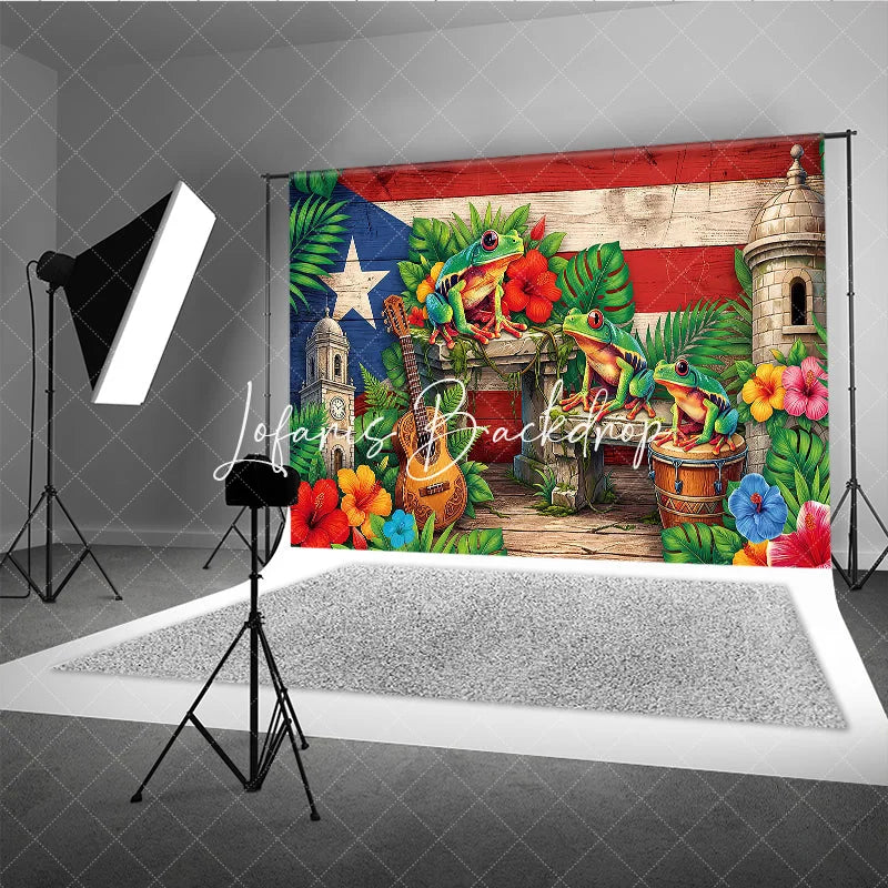 Lofaris Vibrant Puerto Rican Flag Holiday Backdrop with Coqui Frogs Tropical Flowers and Historic Architecture