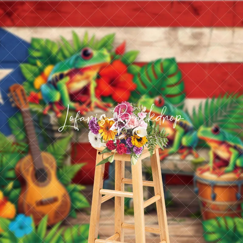 Lofaris Vibrant Puerto Rican Flag Holiday Backdrop with Coqui Frogs Tropical Flowers and Historic Architecture