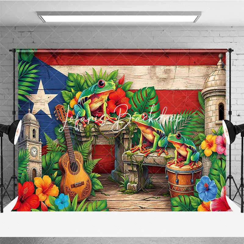 Lofaris Vibrant Puerto Rican Flag Holiday Backdrop with Coqui Frogs Tropical Flowers and Historic Architecture