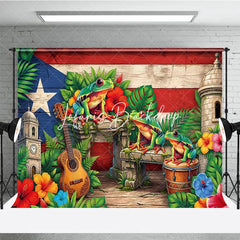 Lofaris Vibrant Puerto Rican Flag Holiday Backdrop with Coqui Frogs Tropical Flowers and Historic Architecture