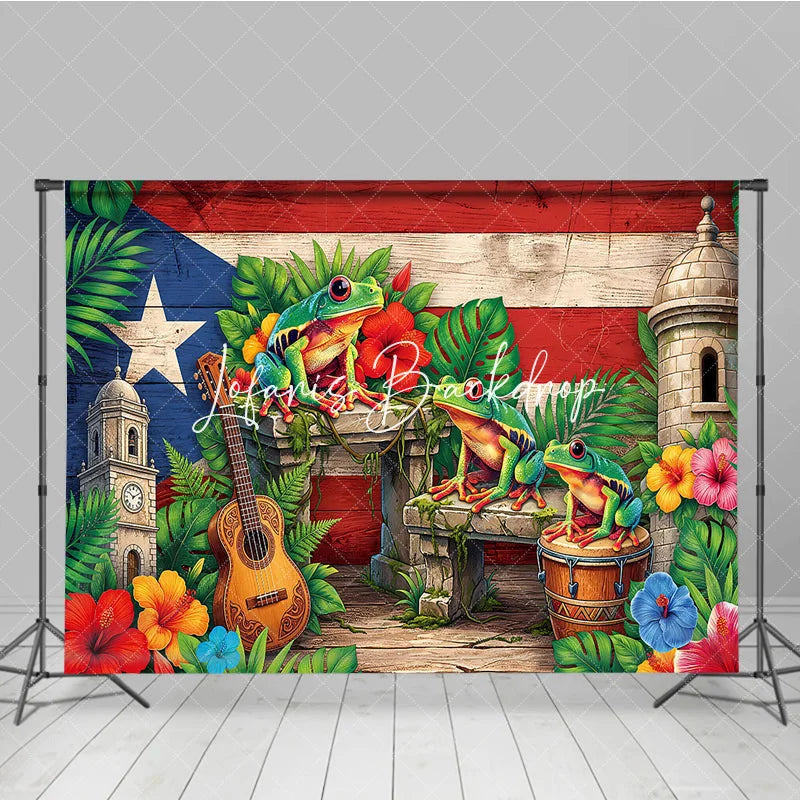 Lofaris Vibrant Puerto Rican Flag Holiday Backdrop with Coqui Frogs Tropical Flowers and Historic Architecture