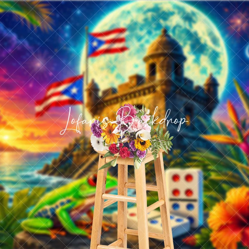 Lofaris Vibrant Puerto Rican Flag Holiday Backdrop with Tropical Fortress Sunset Starry Night and Festive Frog
