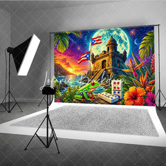 Lofaris Vibrant Puerto Rican Flag Holiday Backdrop with Tropical Fortress Sunset Starry Night and Festive Frog