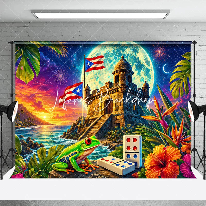 Lofaris Vibrant Puerto Rican Flag Holiday Backdrop with Tropical Fortress Sunset Starry Night and Festive Frog