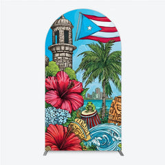 Lofaris Vibrant Puerto Rican Flag Round Top Arch Backdrop with Tropical Flowers Historic Tower and Island Cityscape