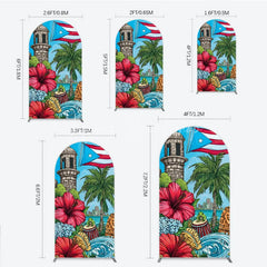 Lofaris Vibrant Puerto Rican Flag Round Top Arch Backdrop with Tropical Flowers Historic Tower and Island Cityscape