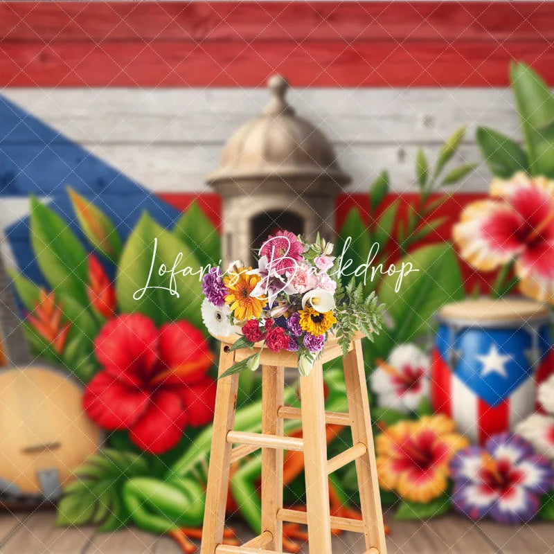 Lofaris Vibrant Puerto Rican Flag Tropical Holiday Backdrop with Lush Leaves Hibiscus Flowers Sentry Box and Coqui Frog