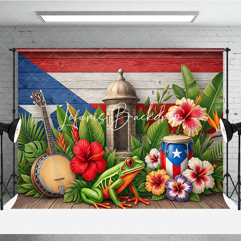 Lofaris Vibrant Puerto Rican Flag Tropical Holiday Backdrop with Lush Leaves Hibiscus Flowers Sentry Box and Coqui Frog