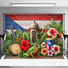 Lofaris Vibrant Puerto Rican Flag Tropical Holiday Backdrop with Lush Leaves Hibiscus Flowers Sentry Box and Coqui Frog