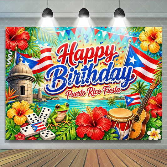 Lofaris Vibrant Puerto Rico Fiesta Happy Birthday Backdrop Tropical Ocean Flags and Cultural Celebration Decor