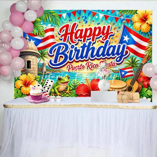 Lofaris Vibrant Puerto Rico Fiesta Happy Birthday Backdrop Tropical Ocean Flags and Cultural Celebration Decor