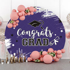 Lofaris Vibrant Purple and White Congrats Grad Round Backdrop with Graduation Cap Diploma for Celebration Party Decor