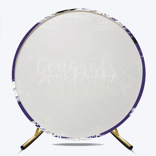 Lofaris Vibrant Purple and White Congrats Grad Round Backdrop with Graduation Cap Diploma for Celebration Party Decor