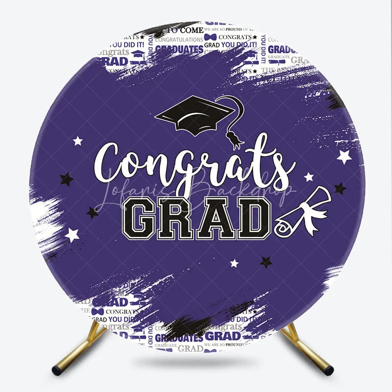Lofaris Vibrant Purple and White Congrats Grad Round Backdrop with Graduation Cap Diploma for Celebration Party Decor