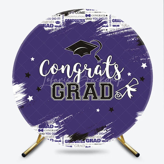 Lofaris Vibrant Purple and White Congrats Grad Round Backdrop with Graduation Cap Diploma for Celebration Party Decor