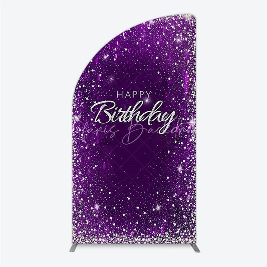 Lofaris Vibrant Purple Silver Glitter Happy Birthday Half Moon Arch Backdrop Elegant Celebration Party Decor