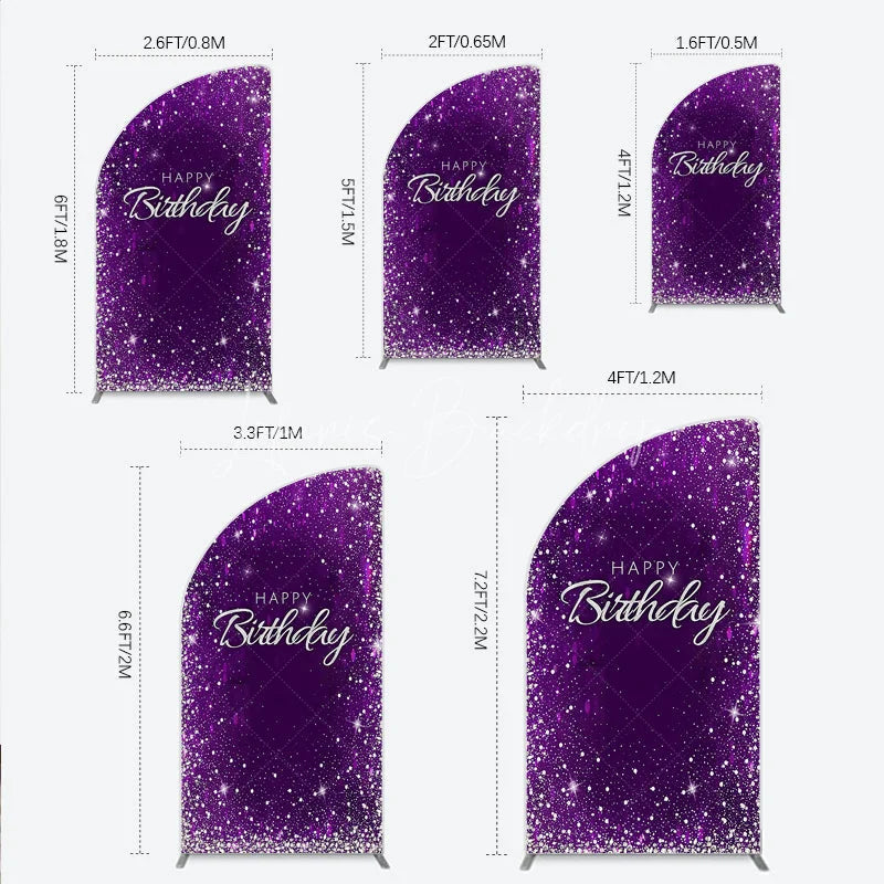 Lofaris Vibrant Purple Silver Glitter Happy Birthday Half Moon Arch Backdrop Elegant Celebration Party Decor