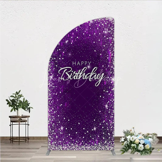 Lofaris Vibrant Purple Silver Glitter Happy Birthday Half Moon Arch Backdrop Elegant Celebration Party Decor