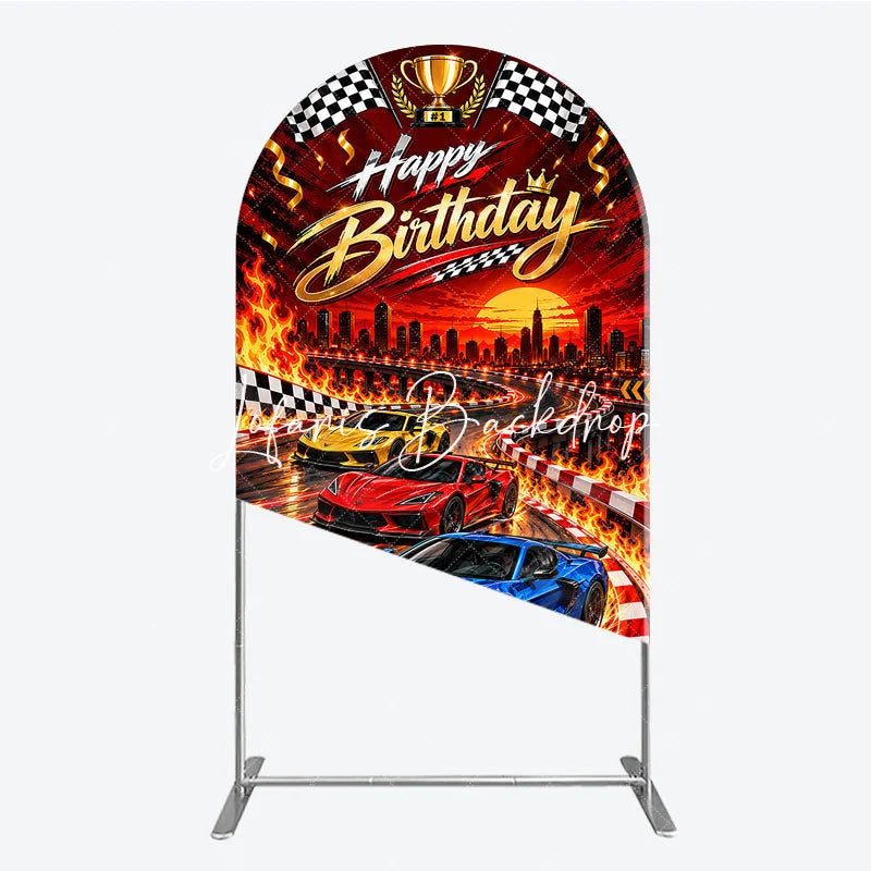 Lofaris Vibrant Racing Cars Happy Birthday Round Top Arch Backdrop featuring Checkered Flags and Golden Trophy