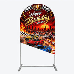 Lofaris Vibrant Racing Cars Happy Birthday Round Top Arch Backdrop featuring Checkered Flags and Golden Trophy