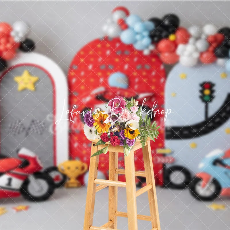 Lofaris Vibrant Racing Motorcycle Photography Backdrop with Arched Panels Balloons and Checkered Flags for Kids Birthday Party