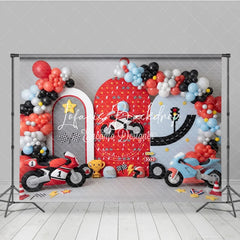 Lofaris Vibrant Racing Motorcycle Photography Backdrop with Arched Panels Balloons and Checkered Flags for Kids Birthday Party