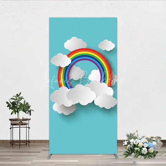 Lofaris Vibrant Rainbow and White Clouds Paper Cut Style Rectangle Arch Backdrop Cheerful Kids Party Decor