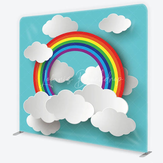 Lofaris Vibrant Rainbow and White Clouds Square Double-Sided Backdrop Cheerful Blue Sky Kids Birthday Party Decor