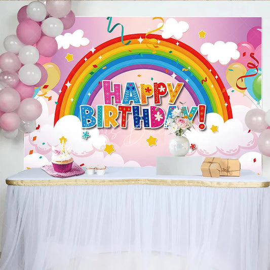 Lofaris Vibrant Rainbow Happy Birthday Backdrop with Colorful Balloons Fluffy Clouds and Twinkling Stars for Party Decor