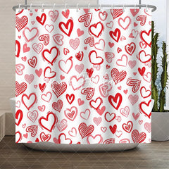 Lofaris Vibrant Red and Pink Sketched Hearts Pattern Shower Curtain Romantic Love Theme for Valentine’s Day Decor