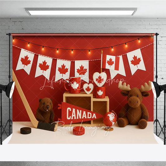 Lofaris Vibrant Red and White Canadian Maple Leaf Photography Backdrop Hockey Beaver Moose for National Celebration