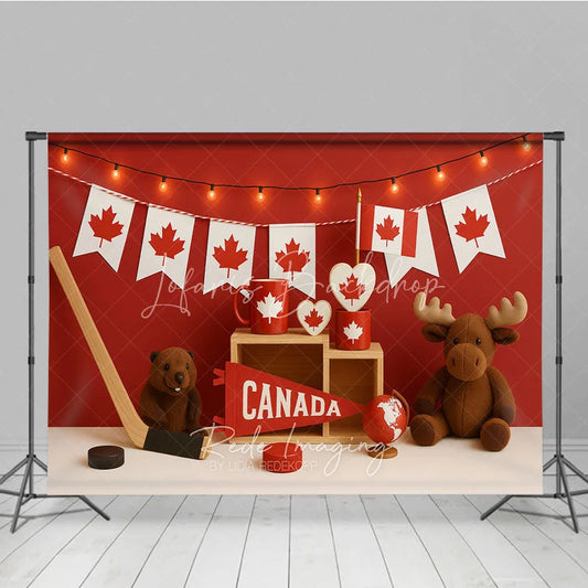 Lofaris Vibrant Red and White Canadian Maple Leaf Photography Backdrop Hockey Beaver Moose for National Celebration