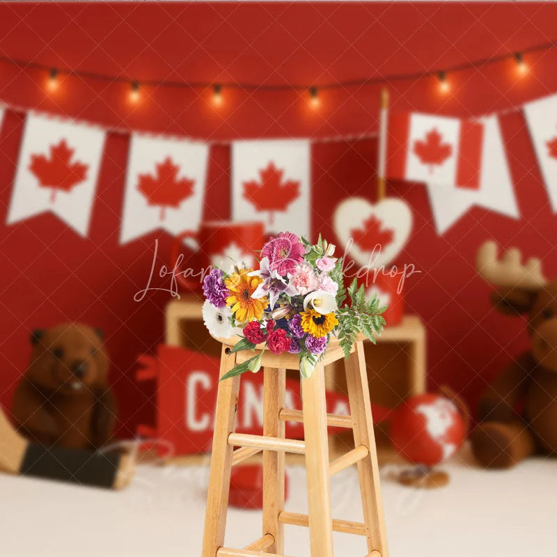 Lofaris Vibrant Red and White Canadian Maple Leaf Photography Backdrop Hockey Beaver Moose for National Celebration