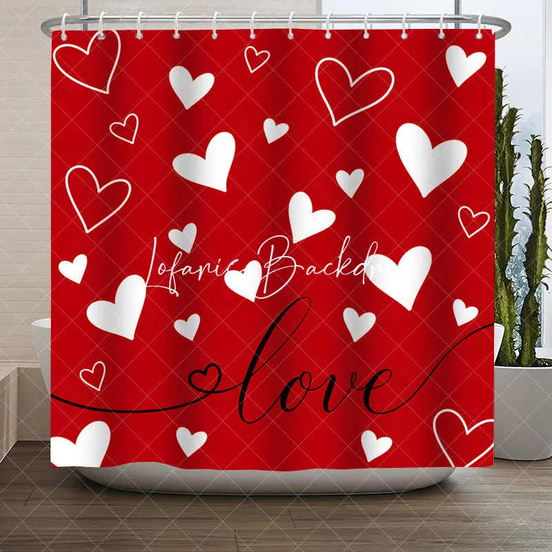 Lofaris Vibrant Red and White Hearts Love Script Shower Curtain Romantic Valentine’s Day Bathroom Decor for Couples