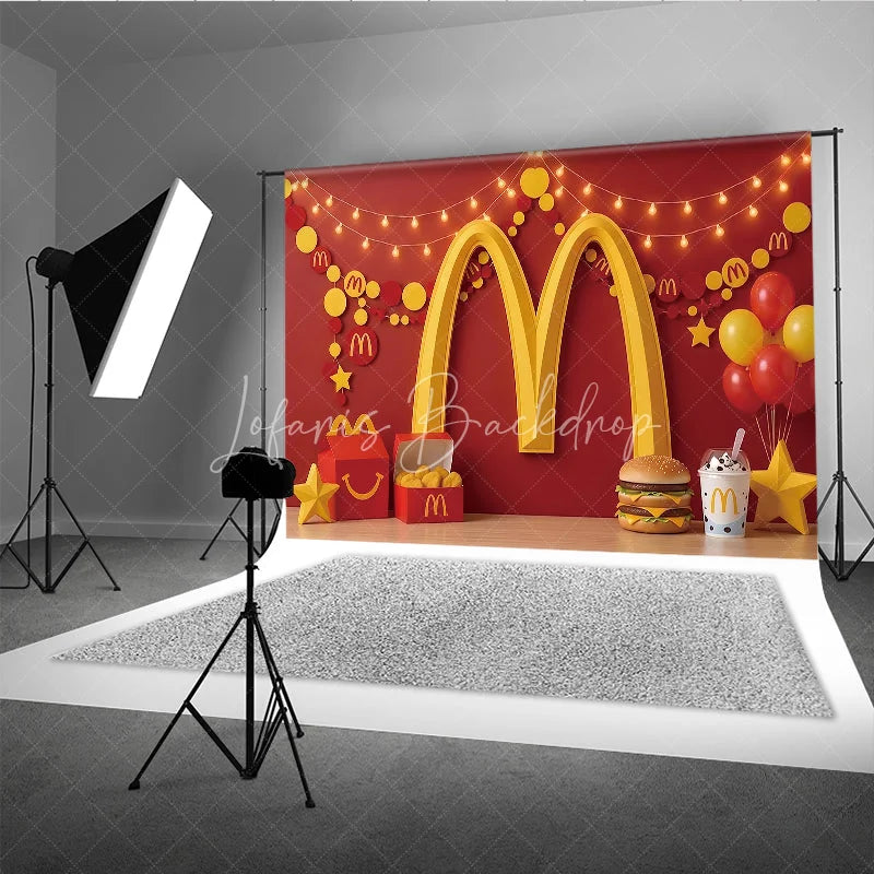 Lofaris Vibrant Red and Yellow Golden Arch Photography Backdrop Festive Party Decor with Balloons Snacks String Lights.
