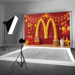 Lofaris Vibrant Red and Yellow Golden Arch Photography Backdrop Festive Party Decor with Balloons Snacks String Lights.