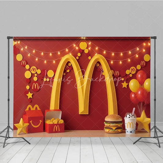 Lofaris Vibrant Red and Yellow Golden Arch Photography Backdrop Festive Party Decor with Balloons Snacks String Lights.