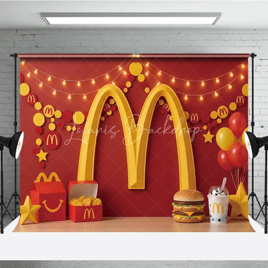 Lofaris Vibrant Red and Yellow Golden Arch Photography Backdrop Festive Party Decor with Balloons Snacks String Lights.